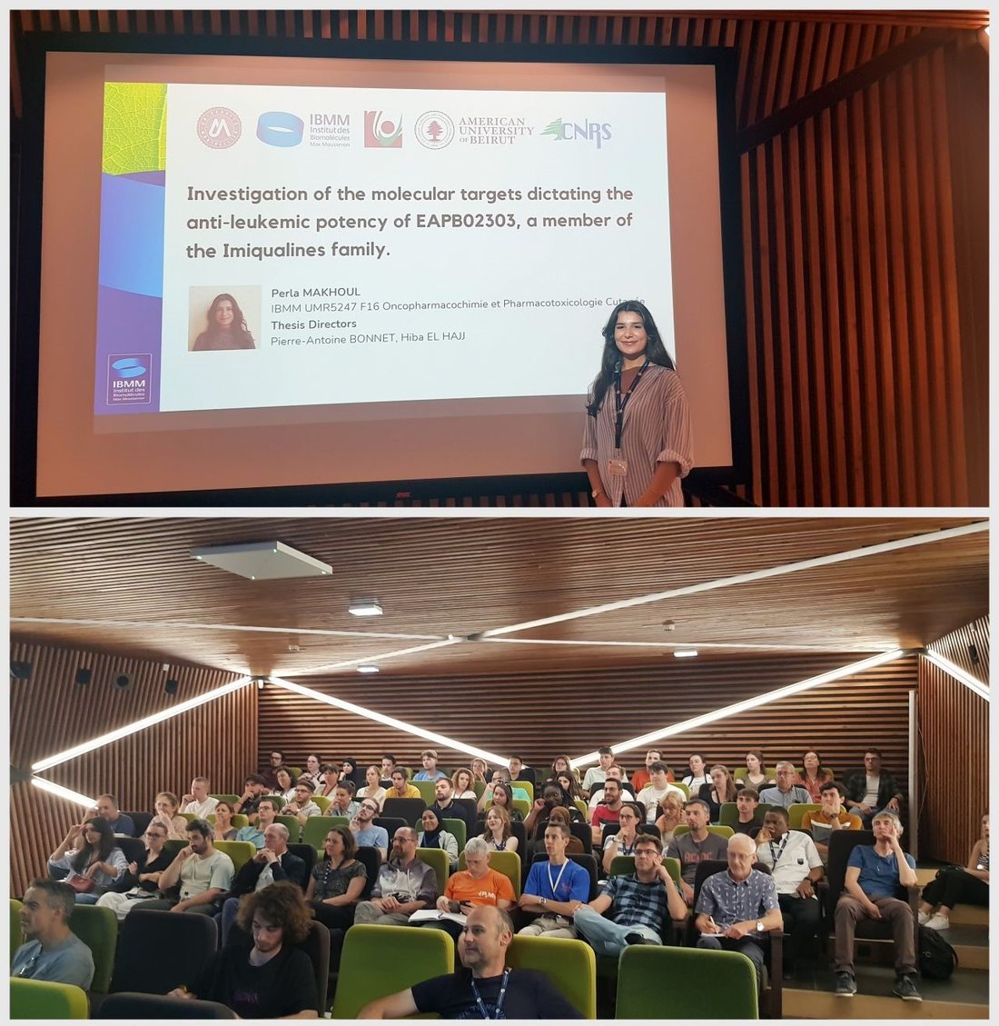 Perla Makhoul giving a talk at the IBMM in Montpellier in front of a full auditorium